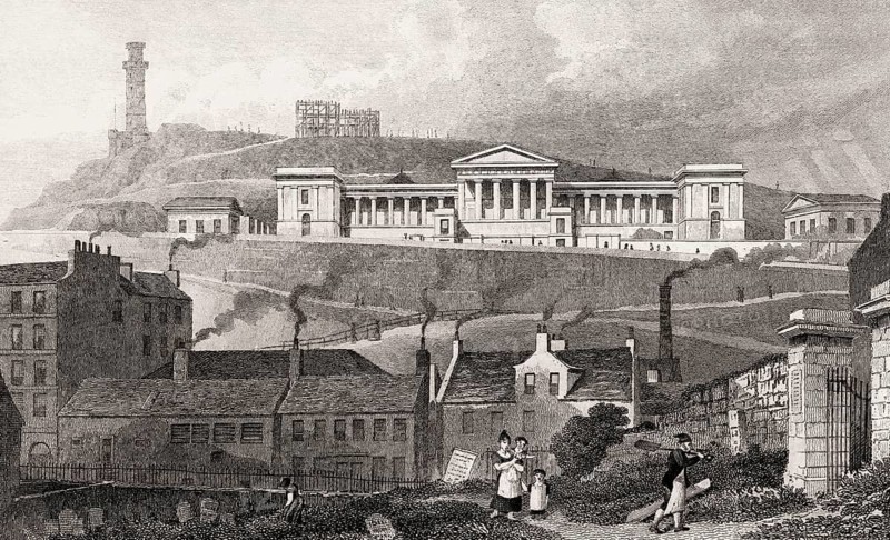 The Old Royal High School, Calton Hill, from the Canon-Gate Church Yard, Edinburgh, Scotland, 19th century, from Modern Athens by Th. H. Shepherd
