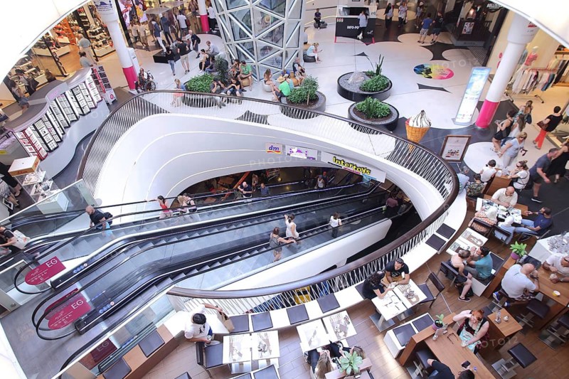 Modern shopping center with escalators and seating, pedestrian shopping, cafe, floor, bistro, interior view, MyZeil, Zeil, Frankfurt am Main, Hesse, Germany