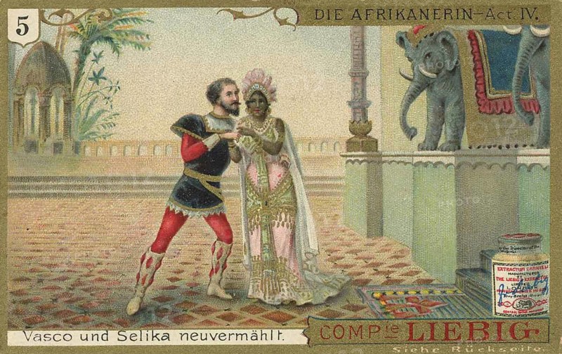 Picture series Vasco de Gama, The African Woman by Giacomo Meyerbeer, Vasco and Selika newly married, Liebig picture, digitally restored reproduction of a collector's picture from ca 1900, public domain, exact date unknown, newly married couple in elegant clothes in front of an exotic background