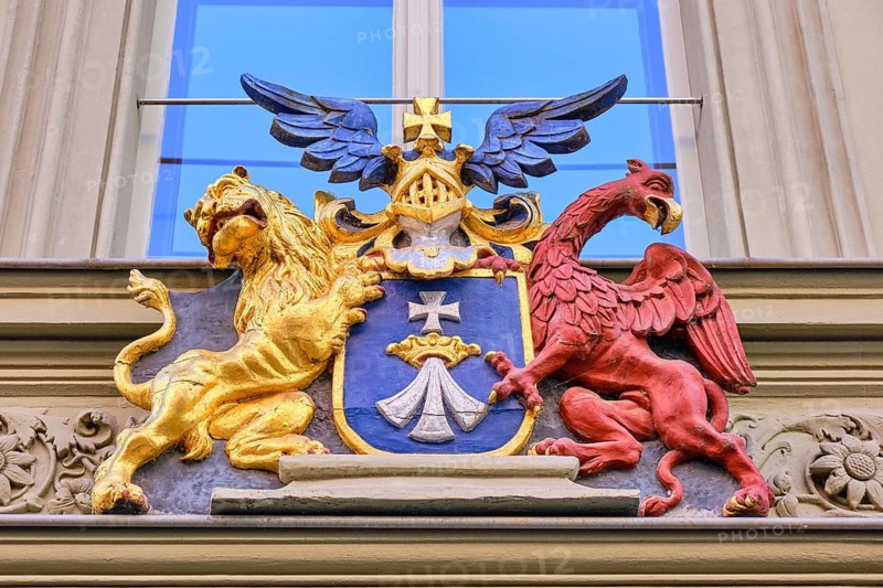 Large Stralsund city coat of arms from the Swedish period above the city library in the heritage-protected building Badenstraße 13, UNESCO World Heritage Site, Hanseatic City of Stralsund, Mecklenburg, Western Pomerania