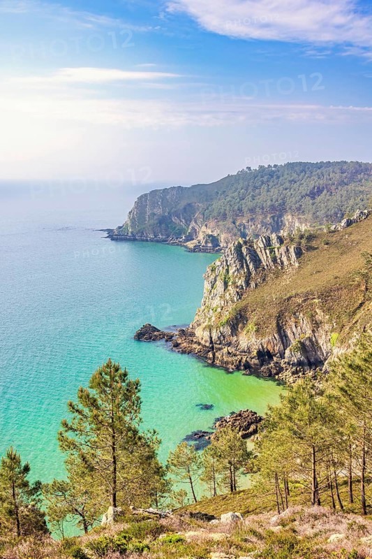 Scenics rocky coastline with a sea view and pine trees on the steep slope a sunny summer day, Crozon peninsula, Bretagne, France