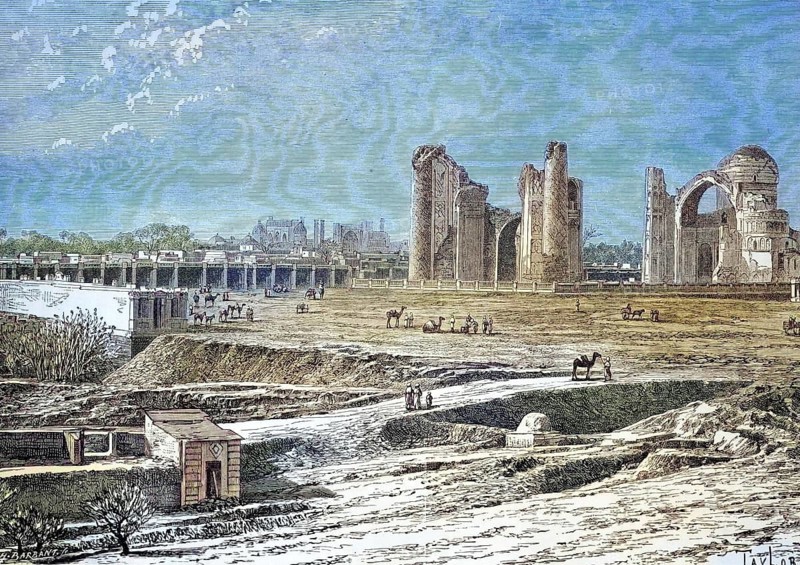 Bibi Khanym Square, Samarkand, Samarqand, Coloured wood engraving, Reproduction from a model from ca 1888, Historical, Extensive ancient ruins with horsemen in the background