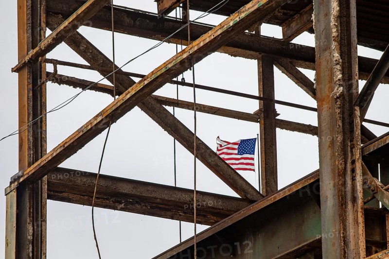 Detroit, Michigan - The framework of an old industrial building near the Detroit River, part of a larger 2.75-acre riverfront portfolio owned by Bedrock LLC. Some of the buildings dating to the Civil War will be demolished, while others may be redeveloped