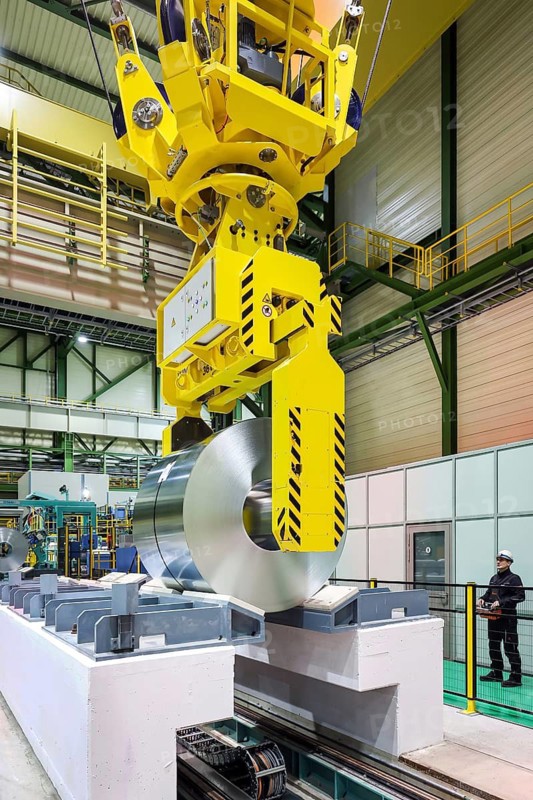 Dortmund, North Rhine-Westphalia, Germany, ThyssenKrupp Steel, FBA 10 hot-dip galvanising line 10, on the site of the Westfalenhütte, steel sheets are hot-dip galvanised here, the finished steel coils are ready for rail transport directly to the end customer in the automotive industry. The new thyssenkrupp plant has the gas consumption of a medium-sized city. The material that is processed in Dortmund is transported by rail from the blast furnace site in Duisburg