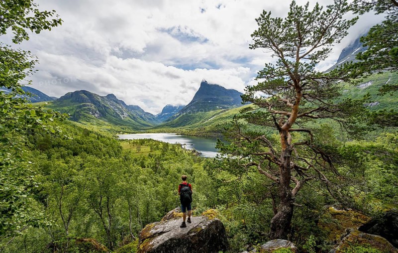 Young man standing on rocks, Innerdalen high valley with lake Innerdalsvatna, mountains, right Innerdalstårnet, Trollheimen, Sunndal, Møre og Romsdal, Vestlandet, Norway