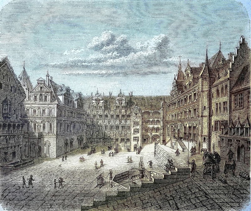 The courtyard of Heidelberg Castle in front of its destruction by the French, Historical, Germany, Reproduction of an original 19th century original, digitally enhanced