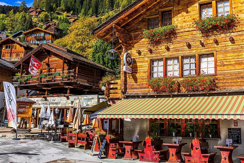 Flower-decorated inn, Grimentz, Val d'Anniviers, Valais Alps, Canton Valais, Switzerland
