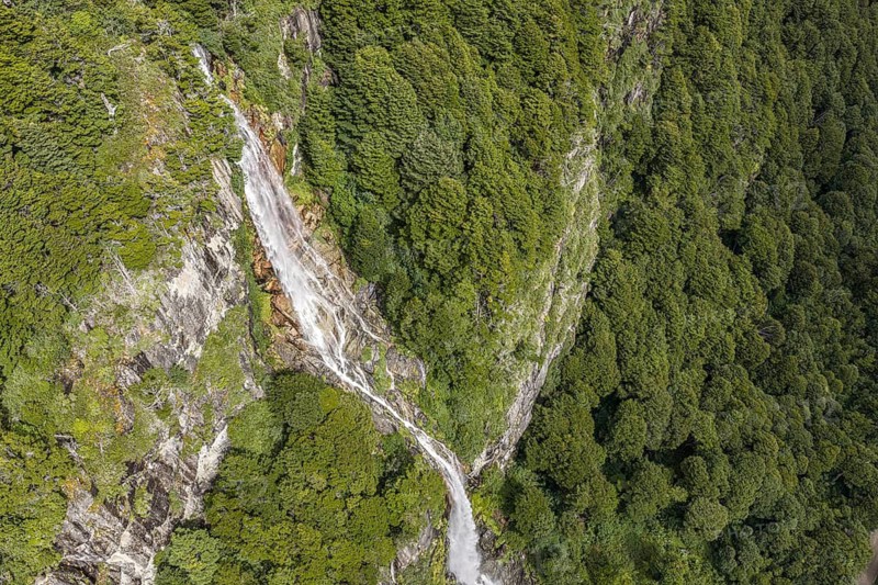 Aerial view of waterfall Cascada Lipi, at road X-608, west of Coyhaique, Chile