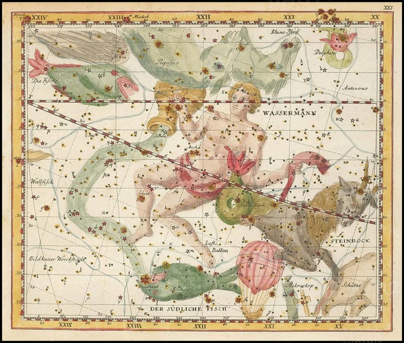 Zodiac signs Aquarius, Capricorn and the southern fish, star chart, universe, astrology, horoscope, after Johann Elert Bode (19 January 1747 to 23 November 1826), Prussian astronomer