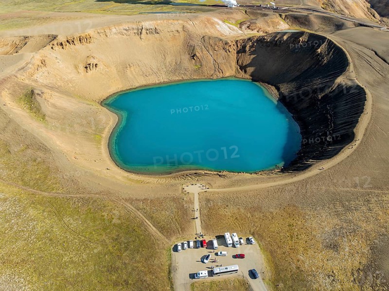 Aerial view of blue lake in the Viti volcano crater, at Krafla power plant, Myvatn region, Iceland