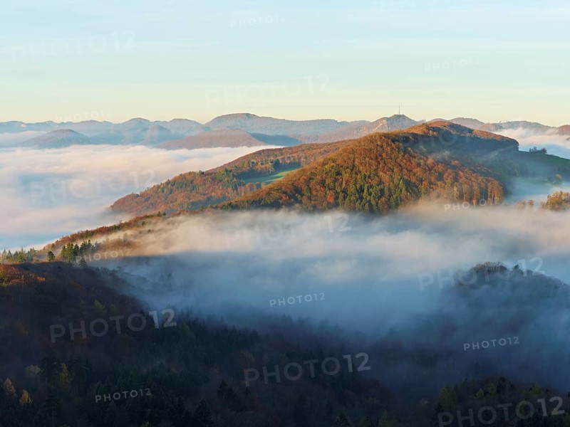 View from the Gisliflue of the Jurassic foothills covered in fog with the water fluh in the morning light, Talheim, Canton, Aargau, Switzerland