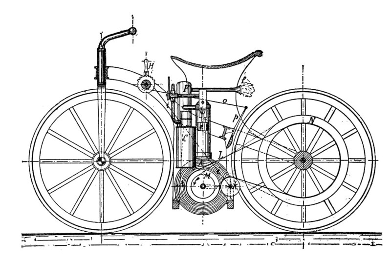 Construction plan of the seat wheel with Daimler motor, coloured wood engraving, reproduction of a model from ca 1888, Historical, Mechanical design of an early bicycle in a detailed drawing