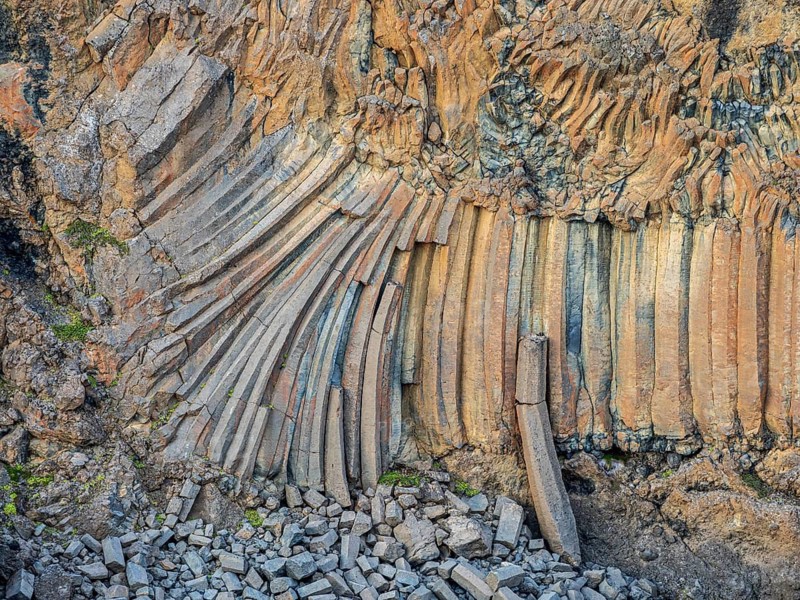 Basalt columns at waterfall Aldeyarfoss, gorge of river Skjalfandafljot, Iceland