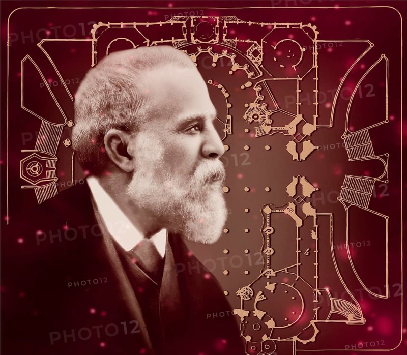 Portrait of Antoni Gaudí i Cornet, 1852 – 1926, Catalan architect and designer from Spain, the greatest exponent of Catalan Modernisme, Floor plan of the Basílica i Temple Expiatori de la Sagrada Família, known as Sagrada Família, Barcelona, Catalonia, Spain, digitally edited
