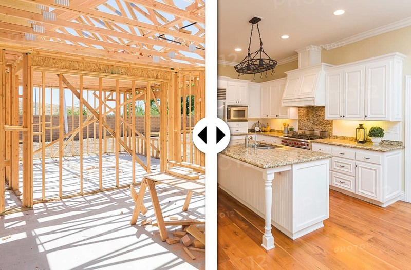 Before and after slider comparing wood framing construction and completed custom kitchen