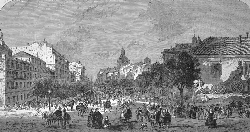 Rue dAlcala, Calle de Alcala, in Madrid in 1869, Spain, Historical, digitally restored reproduction of a 19th century original