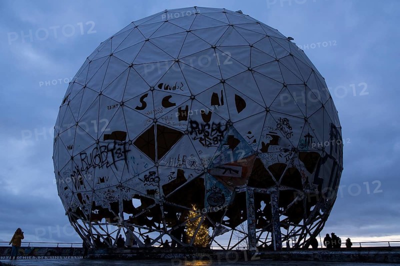 A Christmas tree stands inside a radar dome at the former listening station on the Teufelsberg, Berlin, 22 December 2024