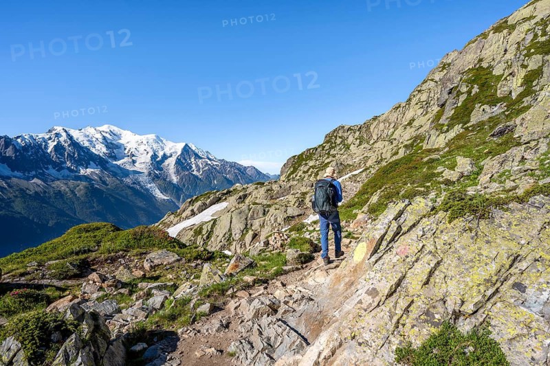 Mountaineers on a hiking trail in front of a mountain panorama, view of mountain peaks Grandes Jorasses and Mont Blanc, Mont Blanc massif, Aiguilles Rouges, Chamonix-Mont-Blanc, Haute-Savoie, France