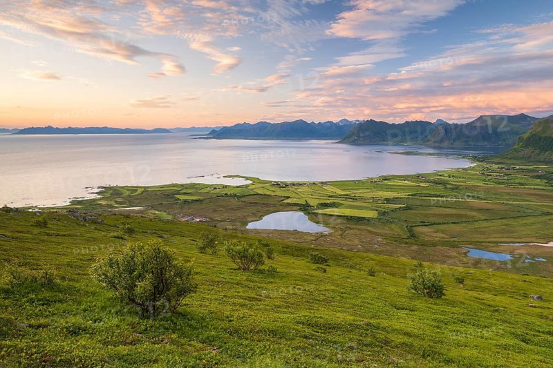 View of the coast and mountains from Mount Hoven, Gimsoy, Lofoten, Norway