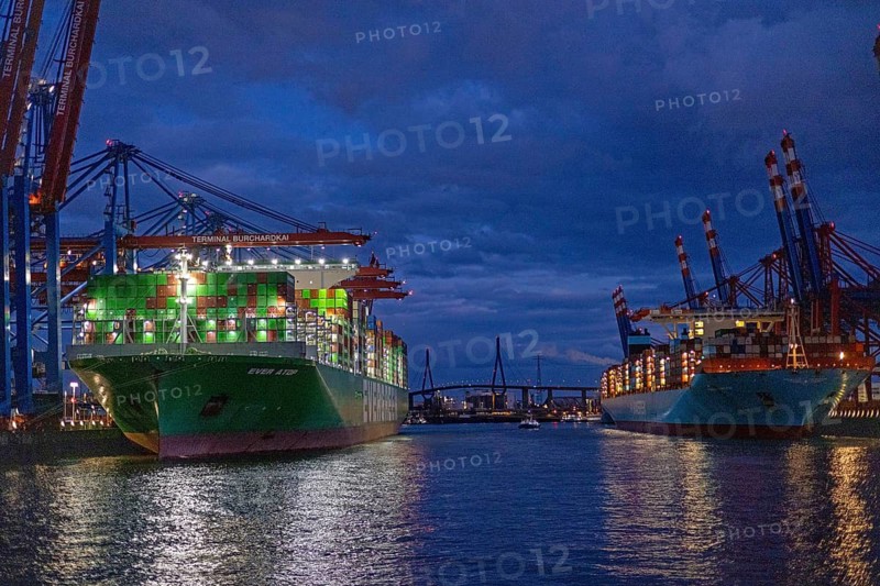 Blue hour, container ships, Ever Atop, container bridges, Köhlbrand Bridge, Eurogate, Burchardkai, Waltershof, port, Hamburg, Germany