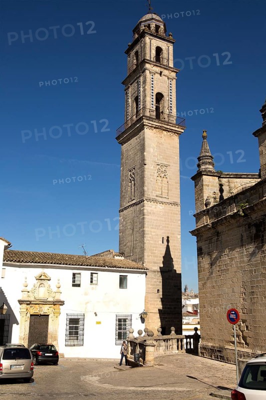 Cathedral church bell tower belfry in Jerez de la Frontera, Cadiz province, Spain against blue sky