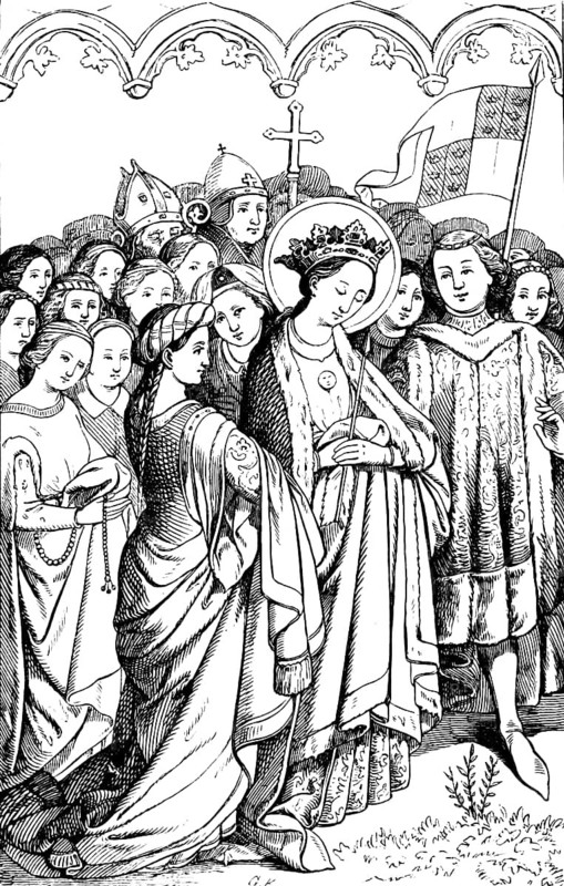 St Ursula with her maidens, left wing of the Cologne Cathedral painting, Cologne Cathedral, Cologne, North Rhine-Westphalia, Germany, historical illustration 1880