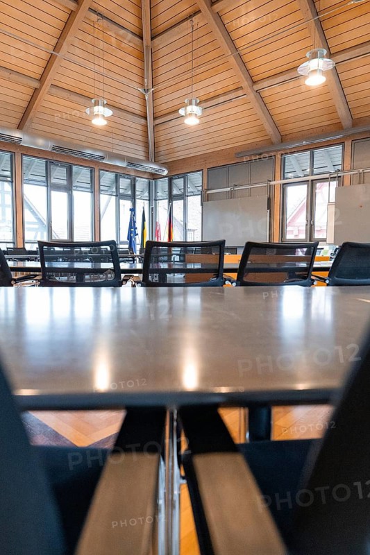 Modern conference room with wooden panels and large windows for a bright and inviting atmosphere, Nagold Town Hall, Black Forest, Germany