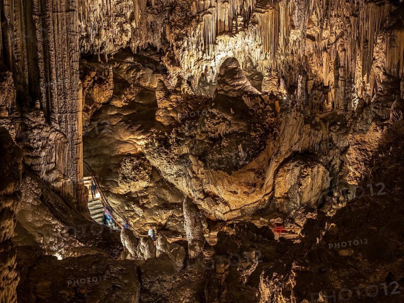 Cueva de Nerja, illuminated cave, large stalagmites and stalagtites, Nerja, Andalusia, Spain
