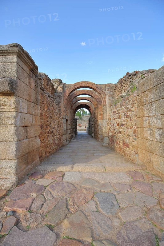 Roman archaeological site and landmark Teatro romano with archways and walls, Forum Roman, UNESCO, Emerita Augusta, Merida, Extremadura, Spain