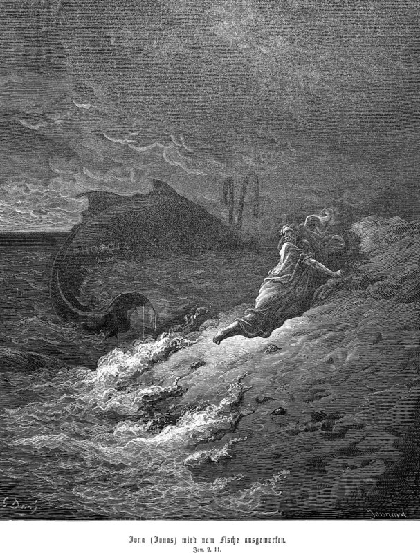 Bible, Jonah or Jonah, chapter 2, verse 11, God told the fish to swim to shore, Jonah is thrown out by the fish, sea, waves, rescue, sea animal, steel engraving Doré, Old Testament, historical illustration 1885