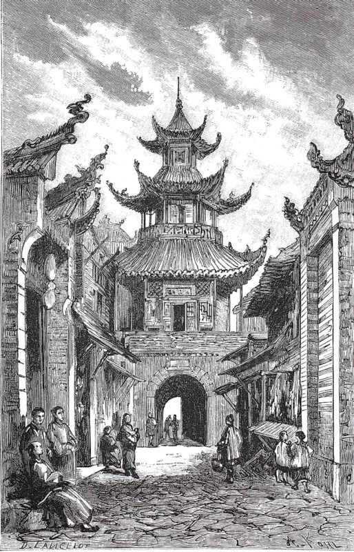 Scene in the city of Che-Tsouen-Chien in China during the 19th century, busy street with traditional Chinese architecture, from the Sosnowski Voyage through China, The Sosnowski Expedition (1874-1875) was a major Russian exploration and trade mission to China. Its aim was to open up new land routes for trade, and to examine the economic prospects, Illustration, Reproduction from a 19th century original. Authentic, file restored for optimal use, exact date of original unknown, Historical
