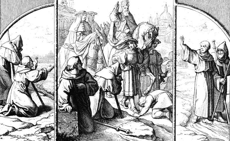 Martin Luther's journey to Rome 1510, Germany, horse, riding, farewell, friends, waving, outdoors, 16th century, historical illustration c. 1860