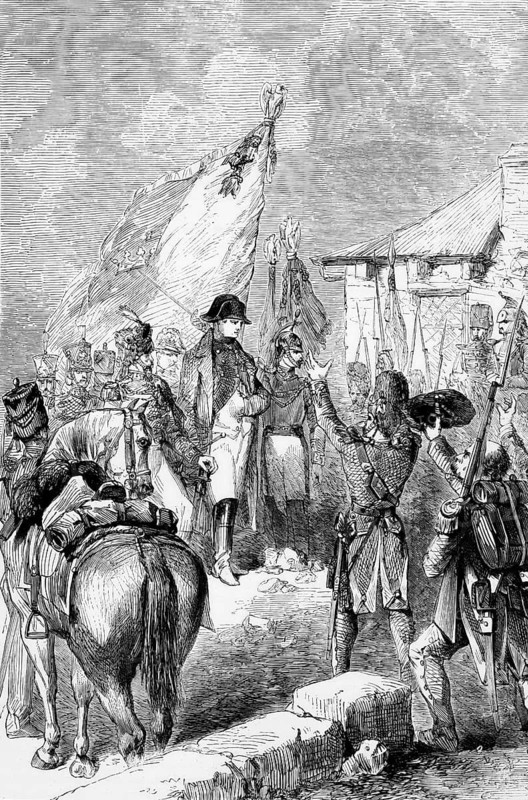 On 26 February 1815, when British and French guard ships were absent, Napoleon I sneaked off Elba with around 600 men and landed in Golfe-Juan near Antibes on 1 March 1815, digital reproduction of a historical model