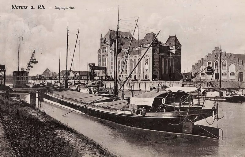 Historical postcard, picture postcard, harbour section in Worms, Rhineland-Palatinate, Germany, digitally enhanced reproduction of an original from around 1900, picture postcard