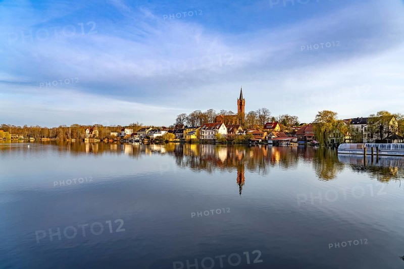 The town of Feldberg on the Feldberger Haussee with the town church, Feldberger Seenlandschaft, Mecklenburg-Vorpommern, Germany