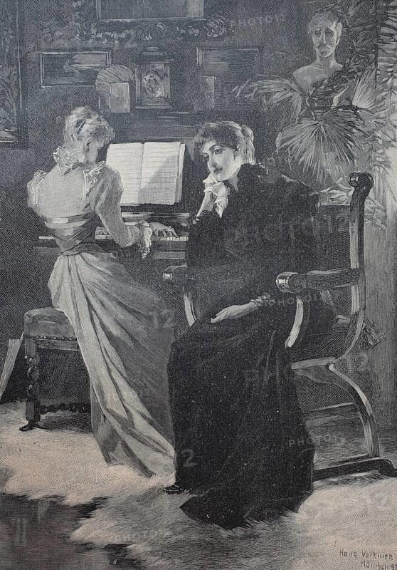 The composer's widow, living room, piano, 1880, Austria, Historic, digitally restored reproduction of an original 19th-century master copy