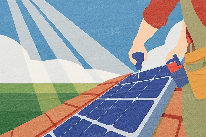 A worker is installing solar panels on a rooftop, utilizing sunlight to harness clean energy. This activity promotes sustainable practices in renewable energy