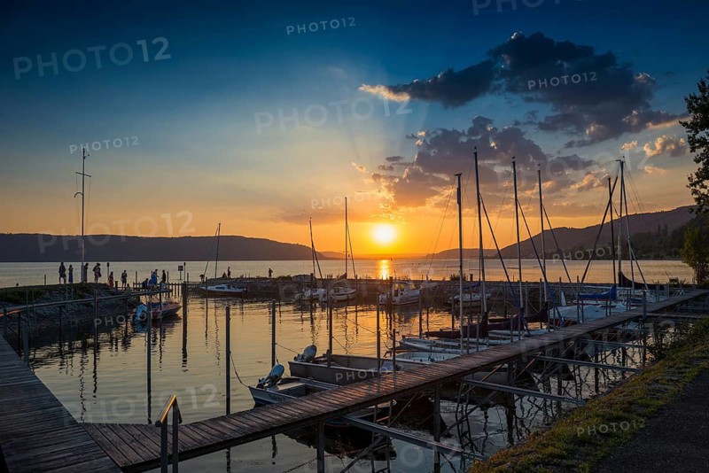 Marina, sunset, near Überlingen, Lake Constance, Baden-Württemberg, Germany