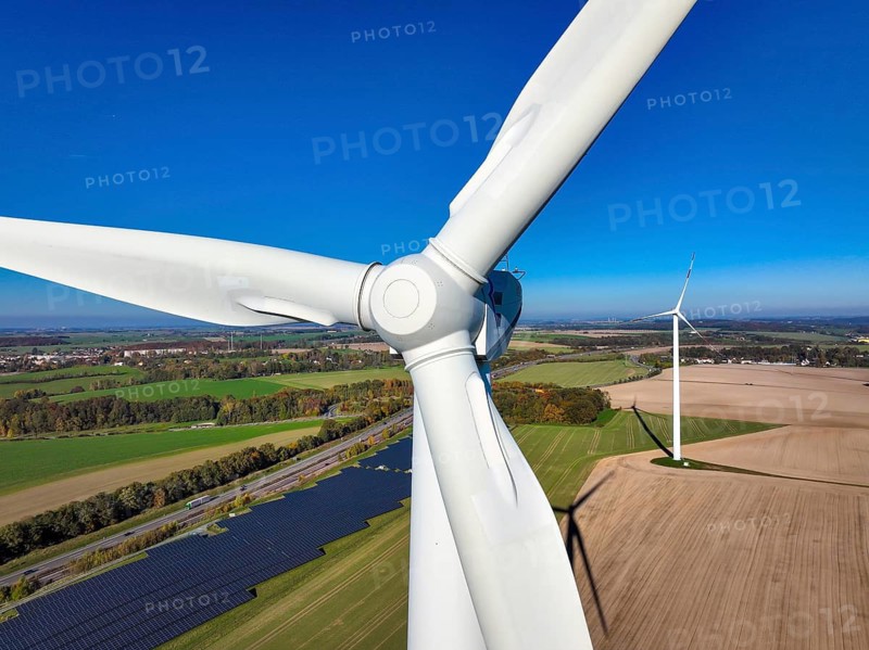 Glauchau, Saxony, Germany, Wind turbines, wind farm and solar farm on the A4 motorway near Glauchau