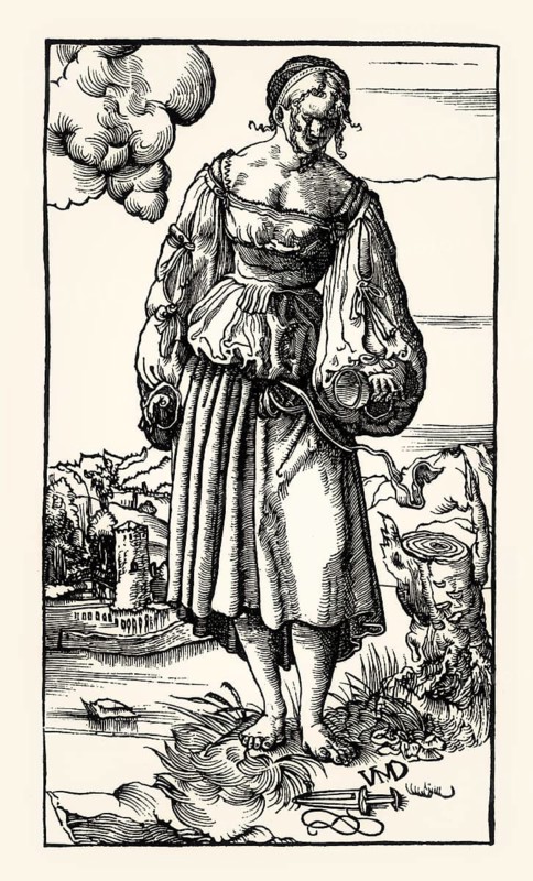 Young woman, series of foolish virgins, 1518, by Niklaus Manuel Deutsch, facsimile of the 19th century