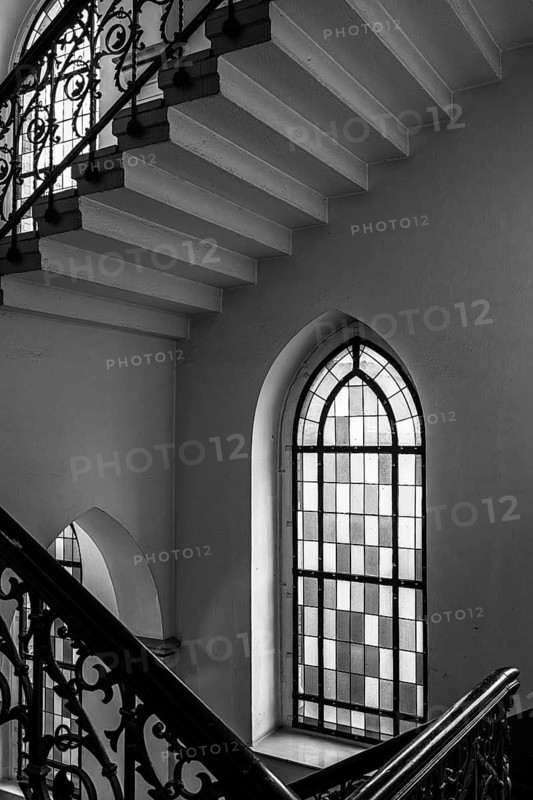 Black and white photograph, detail photo, staircase in the Sankt Hedwig Klinikum, Große Hamburger Straße, Berlin, Germany