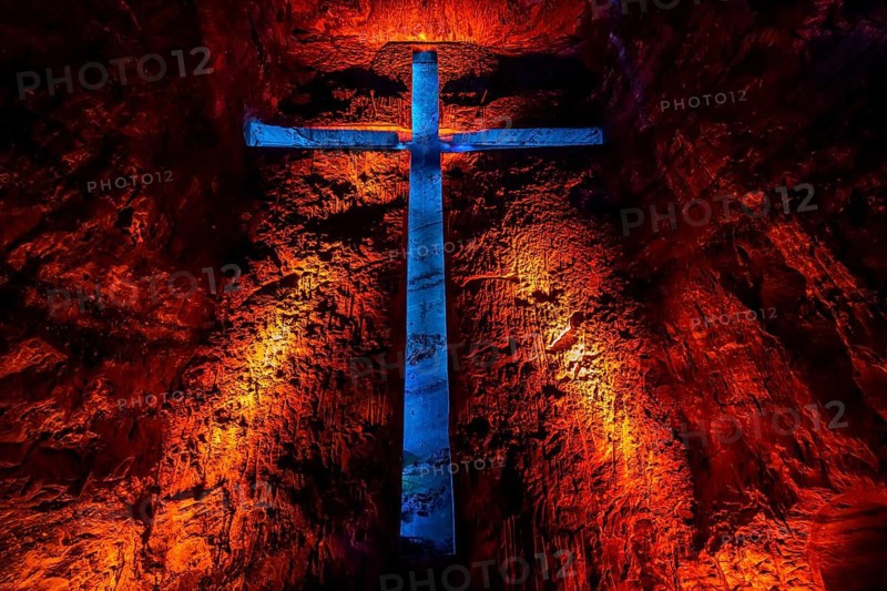 Giant salt cross in the Salt cathedral of Zipaquira, Colombia