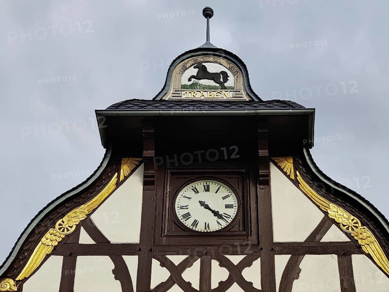 Old railway station building in Traben with the coat of arms of Traben, Traben-Trarbach, Middle Moselle, Rhineland-Palatinate, Germany