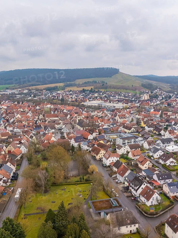Aerial view of a town with densely packed houses and surrounding hills, Großbottwar, Ludwigsburg district, Baden-Württemberg, Germany