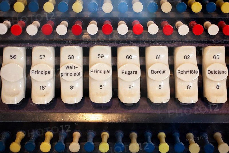 Detail of the console keydesk of an electric-action pipe organ by E. F. Walcker & Cie., op. 2150, 1927, Organ Museum Borgentreich, Höxter district, North Rhine-Westphalia, Germany