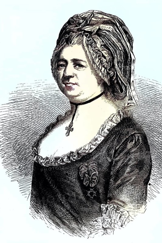 Chevalier Timoth'e d'Fon de Beaumont, coloured woodcut from 1864, portrait of a woman with bonnet and dress in historical style