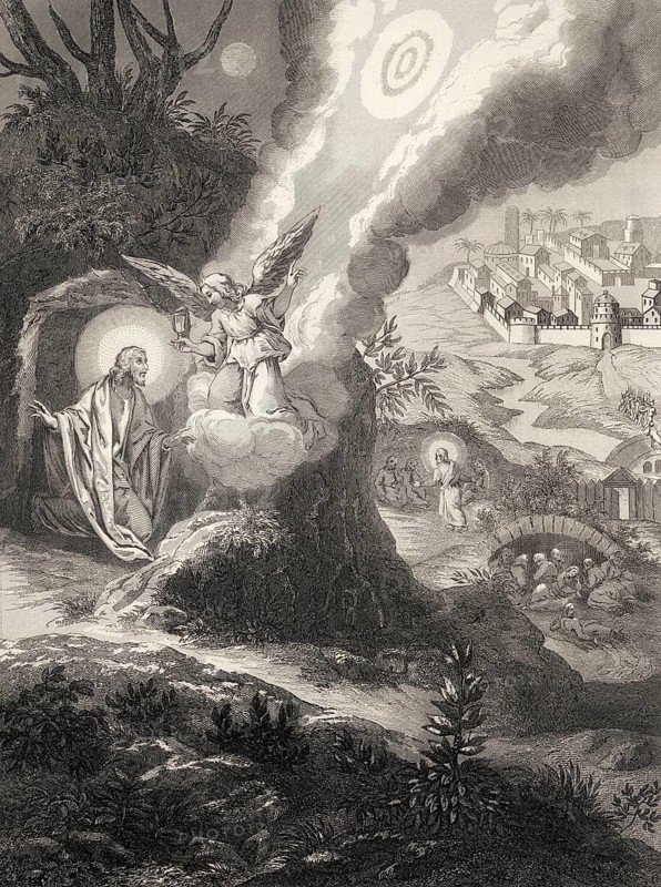 The Agony in the Garden of Gethsemane, New Testament, steel engraving 1853, digitally restored