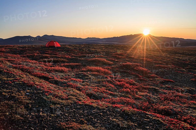 Morning light, sunrise, tent, camping, autumnal tundra, autumn colours, wilderness, mountain landscape, Dempster Highway, Northwest Territories, Canada