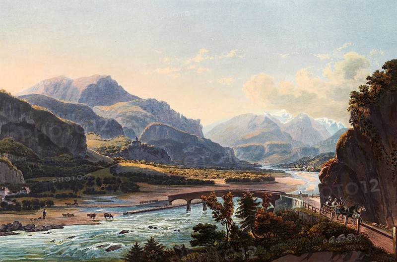Entrance to the Domletschg valley, Viamala region, taken at the bridge of Ortenstein, Grisons, Switzerland, view around 1830, digitally restored reproduction of a 19th century model by Johann Ludwig Bleuler (12 February 1792 - 28 March 1850), Swiss draughtsman and painter