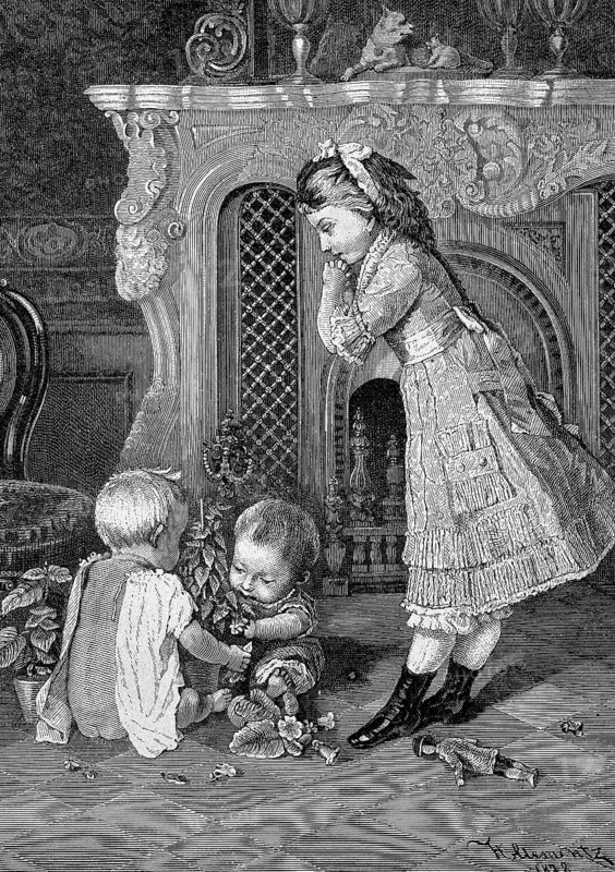 Three children playing with a potted plant, Germany, 1887, Historical, digital reproduction of an original from the 19th century